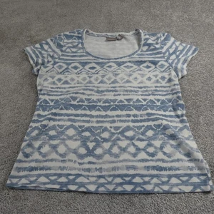 Chicos Top Womens 2 Blue White Ikat Geometric Short Sleeve Scoop Neck Tee Large - Picture 1 of 13