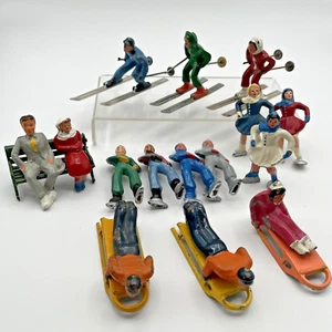 19 Piece Lot Vintage Barclay Cast Iron Skiers Sledding Skaters, Couple on Bench - Picture 1 of 13