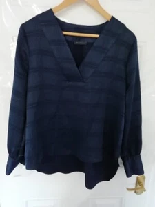 M&S Collection 14 Navy Blue Check Boxy Shirt Blouse Top Silky Feel Oversized - Picture 1 of 11