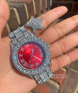 ICED SILVER PT BLING LUX RED DIAL LAB DIAMOND WATCH & STAR RING COMBO GIFT SET - Picture 1 of 22