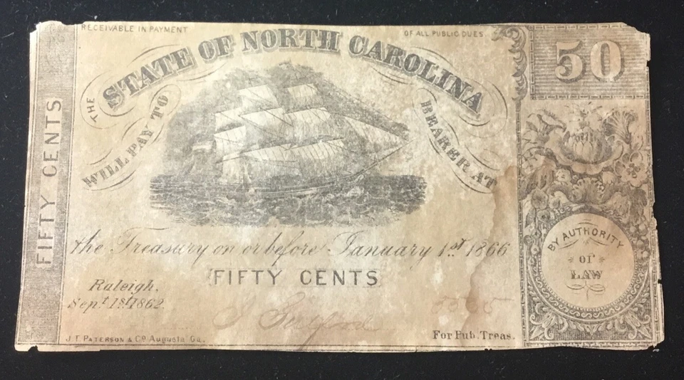 1862 North Carolina 50C Fifty Cent Obsolete Currency CR91 - Image 1 of 4