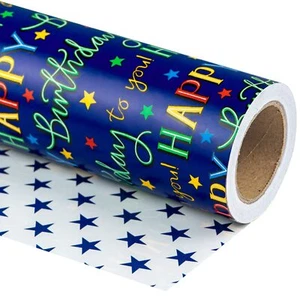 Reversible Birthday Wrapping Paper - Mini Roll - 17 Inch X 33 Feet - Blue Sta... - Picture 1 of 6