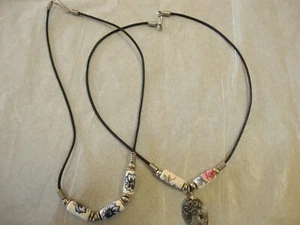 18" Black Corded CHOKER NECKLACE Porcelain Floral Beads Charm Set of 2  - Picture 1 of 3