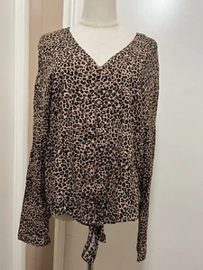 C&C California Cheetah Print Button Down Blouse Long Sleeve Tie Size XL - Picture 1 of 8