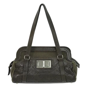 CHANEL Leather Canvas Shoulder Tote Bag Brown Silver - Picture 1 of 10
