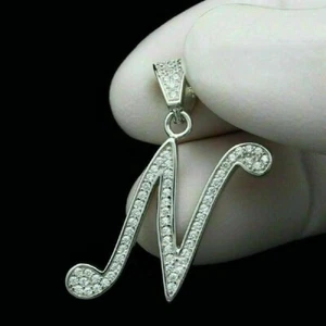 1Ct Round Cut Diamond Initial Letter N Charm Pendant Chain 14K White Gold Finish - Picture 1 of 4