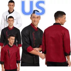 Men's Long Sleeve Chef Jacket Pocket Hotel Kitchen Restaurant Chef Coat Shirt - Picture 1 of 47