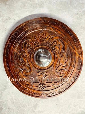 viking carved shield 30 inches handmade carved shield design wall decor - Image 1 of 4