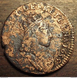 LOUIS XIV , bronze , liard de france 1655 E beau détail ! - Imagen 1 de 2