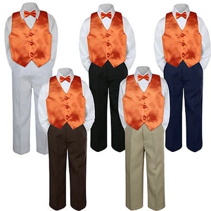 4pc Boy Baby Toddler Kid Orange Vest Bow Tie Formal Pants Set Suit sz S-7 - Picture 1 of 7