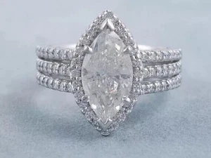 3Ct Marquise Cut E-F VVS1 Real Moissanite 14k White Gold Plated Engagement Ring - Picture 1 of 4