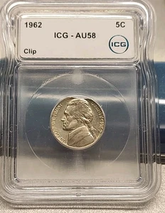 1962 Jefferson Nickel 5C ICG AU 58 Mint Error  Clipped Planchet Curved Clip - Picture 1 of 5