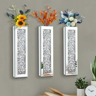 Juego de 3 jarrones plateados espejados, florero de diamantes de cristal aplastado, impresionante de... Foto 1 de 4