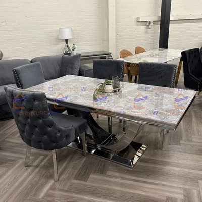 180x90cm Arial Light Grey Marble Dining Table U Shape and 6 Buttoned Chairs Set - Image 1 of 4