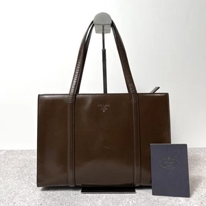 Auth Prada Brown Leather Tote Bag Logo Embossed Vintage from JP - Picture 1 of 12