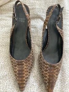 Vtg Stuart Weitzman Brown Snakeskin Heel Pointed Toe Slingback Heels Size 7 - Picture 1 of 11