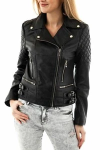 New Women's Stylish Handmade Genuine Lambskin Leather Motorcycle Jacket Black - Picture 1 of 3