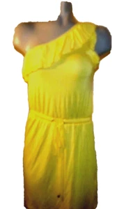 NWT $69 BUFFALO DAVID BRITTON Yellow One Shoulder Dress Drawstring Belt Sz Small - Picture 1 of 10