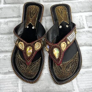 Handcrafted Women's Size 41- 9.5/10 US Beaded Indian Floral Thong Sandals - Picture 1 of 12