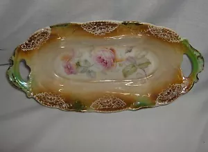 Bandeja de baratija de tocador vintage de Alemania con mango de porcelana rosas rosadas - Imagen 1 de 6