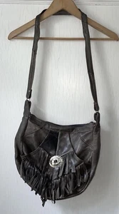 Genuine Leather Fringe Hobo Shoulder Crossbody Bag Black Boho Hippie - Picture 1 of 10