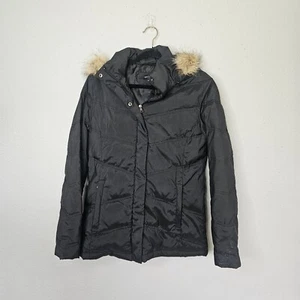 NY&Co Faux Fur Hooded Puffer Down Jacket Womens Size M Medium Black Tan - Picture 1 of 14