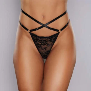 Allure Adore Sexy Cherished Lace Mesh Thong Black Strappy Waist - Picture 1 of 2