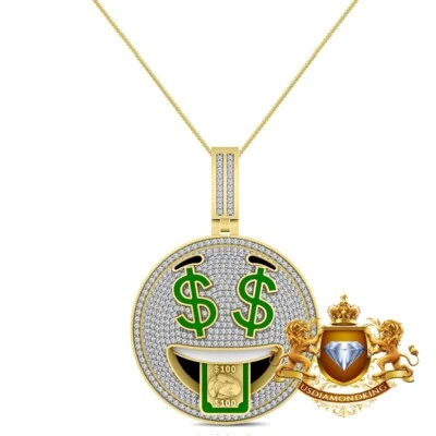 Pingente amuleto nota 100 dólares placa emoji sorridente rosto dinheiro feliz moissanita VVS1 - Imagem 1 de 2