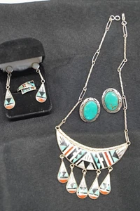 Zuni Turquoise, Coral, MOP, Onyx Necklace Earring Ring Set Sterling Signed Boone - Picture 1 of 5