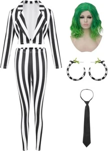 Mujer Beetlejuice Disfraz Halloween Juegos con disfraces Rayas Horror Pendientes Traje Talla MD - Imagen 1 de 5