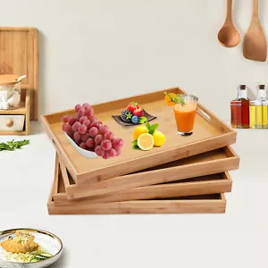 4pc Serving Tray Bamboo Wooden Tray w/ Handles Great for Dinner Trays Tea Desert - Picture 1 of 17