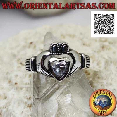 Anello in Argento 925‰ Claddagh Irlandese bombato con cuore di zircone bianco - Immagine 1 di 4