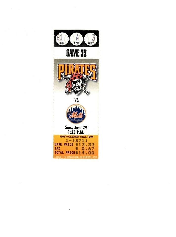 June 29 1997 NY Mets @ Pittsburgh Pirates Ticket John Olerud 2 HR K Young 4 Hits - Image 1 of 1