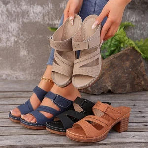 Women Summer Solid Slip On Casual Open Toe Square Heels Comfortable Beach Shoes - Picture 1 of 36