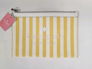 Kate Spade Street Striped Printed Canvas Large Zip Pouch Yellowsesame WLR00560 - Picture 1 of 8