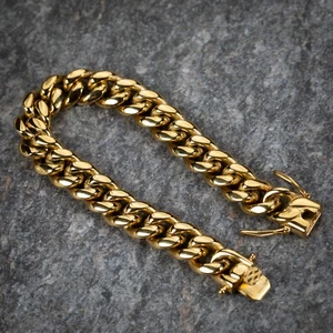 Men's Heavy Gold Plated Stainless Steel Hip Hop Miami Cuban Link Bracelet - Picture 1 of 3