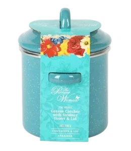 Pioneer Woman ~ Teal Speckle ~ 37 Oz. Grease Catcher with Strainer Insert & Lid - Picture 1 of 9
