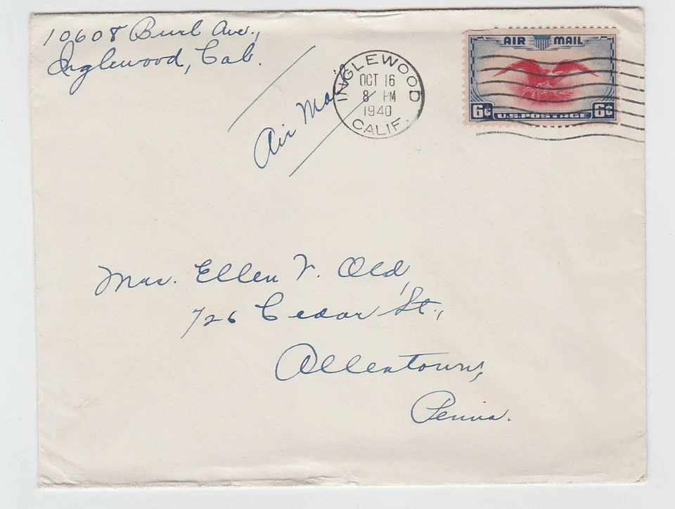 TurtlesTradingPost- Inglewood, CA 1940 Air Mail Cover to Allentown, PA - Image 1 of 1