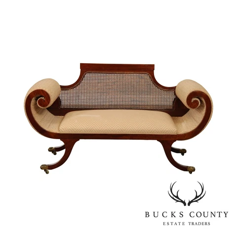 Empire Style Antique Mahogany Cane Back Rolled Arm Settee Cover