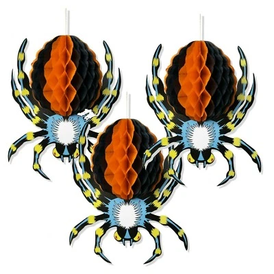CAPRILITE 3 x Large Halloween Paper 3D Hanging Decorations Scary Black Orange Blue Spider