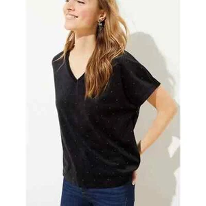 Neu Loft Damen Medium Stretch V-Ausschnitt Nieten Samt kurzärmelig schwarz neu mit Etikett - Bild 1 von 10
