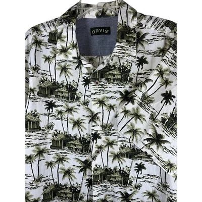 Orvis Shirt Mens Large Hawaiian Palm Short Sleeve Button Up Casual White Green - Image 1 of 4