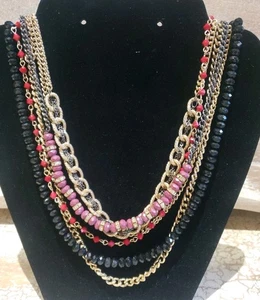VTG Red Black Rhinestone Goldtone Beaded 6 Multi-strand Necklace 18"-21" Unique  - Picture 1 of 7