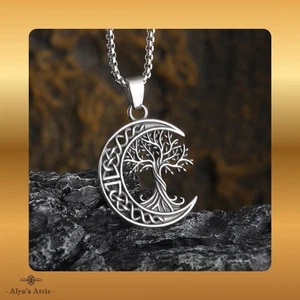 Nordischer Yggdrasil keltischer Knoten Mond Lebensbaum Anhänger Halskette an 60cm Kette - Bild 1 von 9