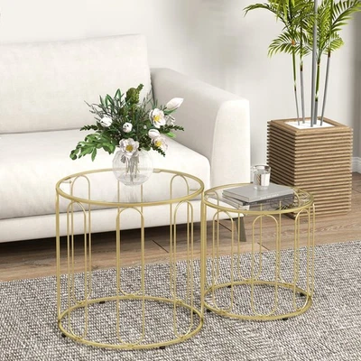 Nesting Coffee Tables Set with Metal Frame Modern Design Living Room Gold Tone - Image 1 of 4