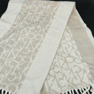 CALVIN KLEIN Monogram ck Logo Pashmina Scarf Heathered Almond Beige Fringe 68x11 - Picture 1 of 15
