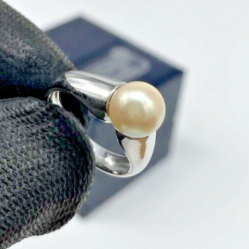 Anello perla donna naturale di fiume tonda liscia argento 925 italiano Misura 13 - Immagine 1 di 4