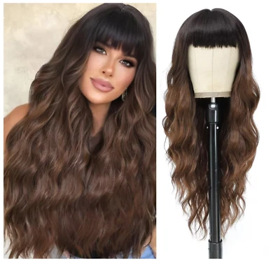 Brown Wig with Bangs Long Curly Wavy Wig for Women Daily Party Use 26 inches — 第 1/4 张图片