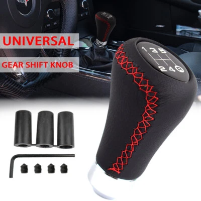 5-Speed Black Red Line Leather Aluminum Manual Car Gear Shift Knob Shifter Lever - Image 1 of 4