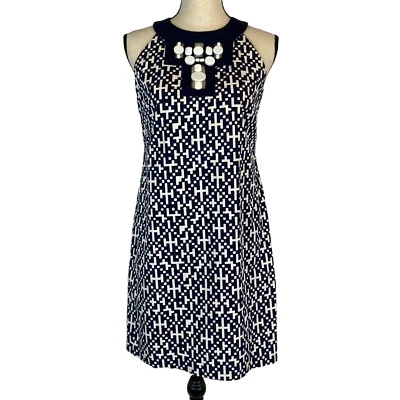 Beth Bowley Navy Blue White Geometric Print Cotton Dress Womens 6 - Image 1 of 4